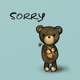 Sorry, dude! That's for you. New ecard. A teddy bear with a flower in it's hand on a blue background as an apology. Forgive me, dude. No offense. Free Download 2024 greeting card