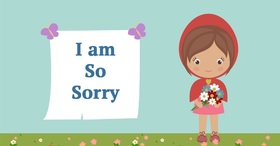 Sorry, grandmother! That's for you. New ecard. Little Red Riding Hood with a bouquet of flowers for the grandmother as an apology. You have my deepest apologies, grandma. Free Download 2025 greeting card