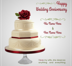 Postcard on the wedding anniversary for dear wife. Postcard with beautiful wedding cake and red rose. Warm Wishes to a Wife for a Wedding Anniversary. I will love you forever Free Download 2024 greeting card
