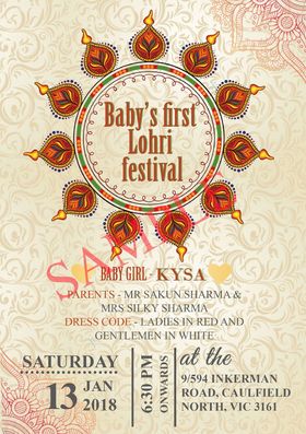 Baby's first Lohri festival. Invitation on a festival. Newborn baby festival. Party for a baby. Free Download 2025 greeting card