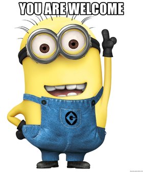 You are Welcome, friend! This minion for you! Ecard for friends. Postcard with a nice minion. The doors of our house are always open to you. We are waiting for guests once again. We love you very much. Free Download 2025 greeting card