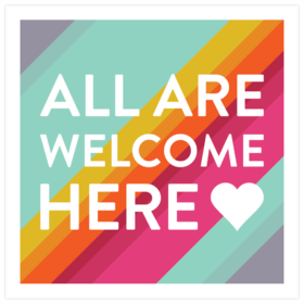 All are Welcome here! New ecard. Free Ecard for friends. A postcard with a colorful background and a white inscription. Welcome. We are glad to see you all here. Free Download 2023 greeting card
