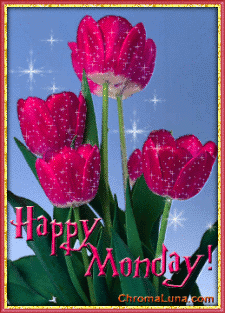 Happy Monday and tulips. Gif ecard for free. Shimmered tulips and Happy Monday wishes. Nice and pretty postcard with tupips that wishes a Happy Monday. Free Download 2024 greeting card