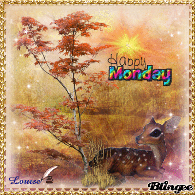 Ecard Happy Monday with a cute deer. Gif. Cute picture with a fawn. Have a great and blessed week. I wish you Happy Monday! Happy Monday friend. Free Download 2023 greeting card