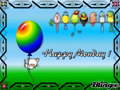 Happy Monday to you! Gif ecard for free. Postcard gif with a cat, colorful birds and a ballon. Happy Monday to all of my friends. Colorful postcard with Happy Monday. Free Download 2024 greeting card