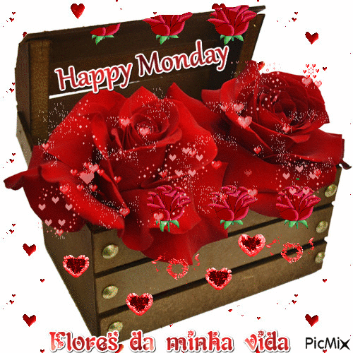 Happy Monday and roses. Gif ecard for free. Rosses in a chest. Flowers and hearts and wishes of Happy Monday! Free Download 2024 greeting card