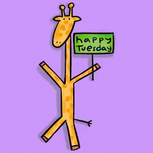 Happy Tuesday and a giraffe. Gif ecard. Giraffe. Happy Tuesday. Have a nice Tuesday. Funny postcad for Tuesday. Tuesday giraffe. Free Download 2024 greeting card