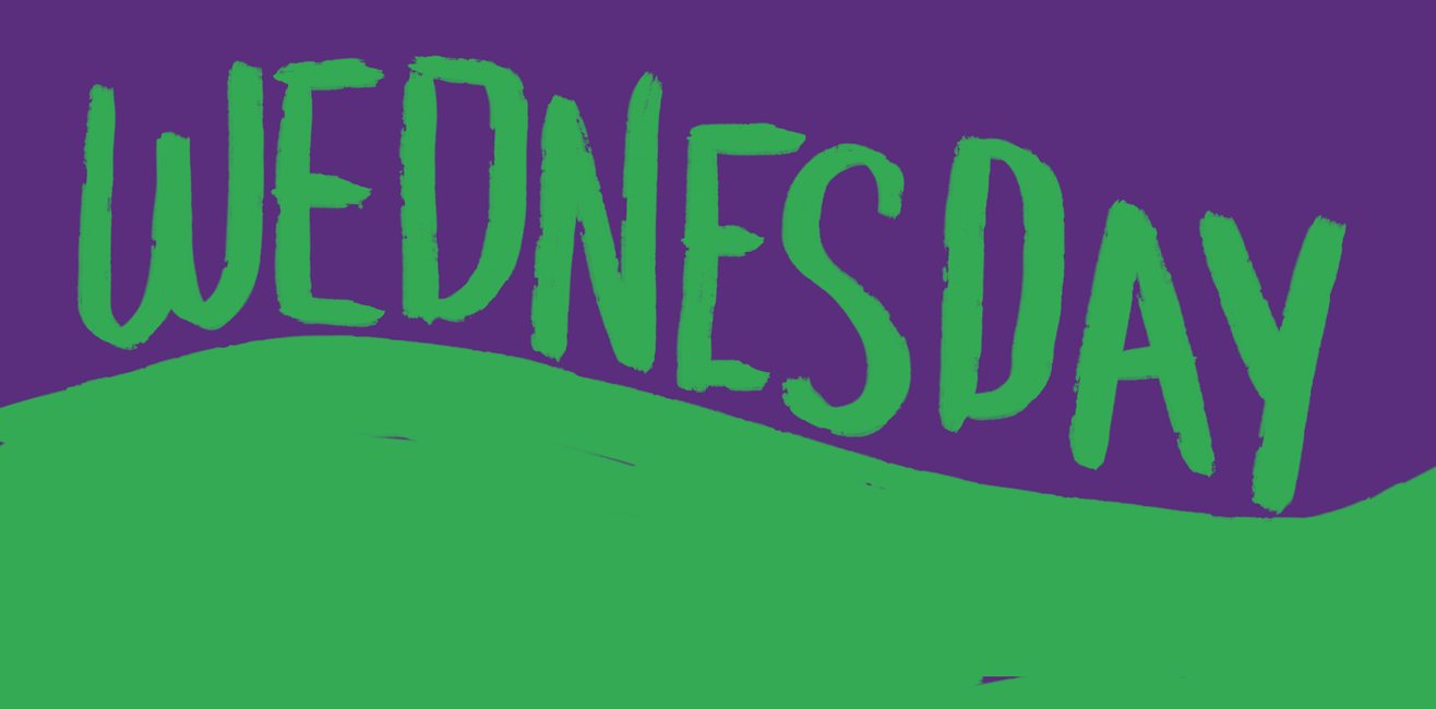 Happy Wednesday. Animation. Green & Violet. Happy Wednesday... a violet ground with green inscription for You. Free Download 2024 greeting card