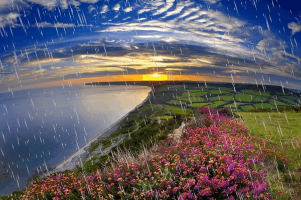 Animated picture with rain. Nature gif ecard. Postcard with nature. View from above. Fields. Ocean. Rainy weather. Beautiful places. Heavenly place. Cheerful mood. Free Download 2024 greeting card