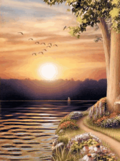 Nice lake view. Nature gif card. Beautiful animation for friends and family. Postcard with nature. Reflection of the sun in the water. Lake and tree. Free Download 2024 greeting card