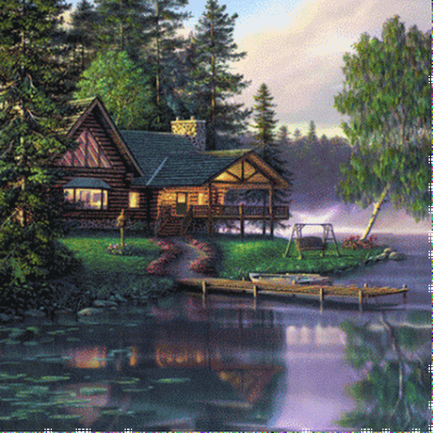 House near the lake. Nature gif card. Download free postcard. Wooden house near the lake. Reflection in water. A cozy evening. Free Download 2024 greeting card