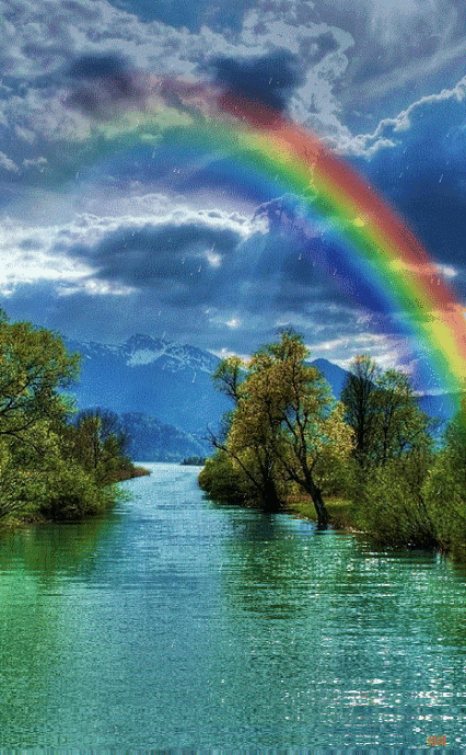 rainbow and rain. Nature ecard. Animated postcard with nature for the family. Rainbow after rain. Lake. Beautiful view. Nature miracle. Free Download 2024 greeting card