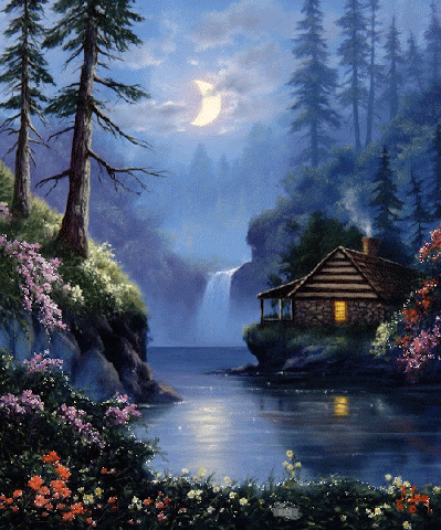Evening atmosphere. Nature gif card. Shimmering postcard. Beautiful flowers. Comfort. Wooden house near the lake. Waterfall. nature. Free Download 2024 greeting card