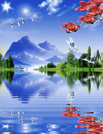 Reflection of nature in water. Nature gif ecard. Summer in the mountains. A warm and pleasant atmosphere. Birds. Reflection of red flowers in the lake. Summer mood. Free Download 2024 greeting card