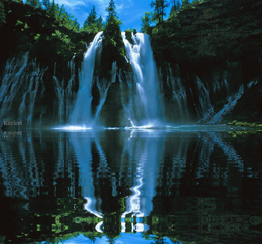 Reflection of the Magnificent Falls. Nature card. Download for free. Animated card with waterfall. Picturesque landscape. Good mood for the whole day. Free Download 2024 greeting card