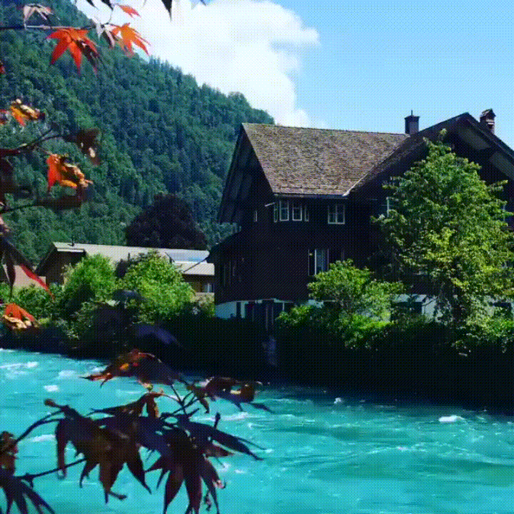 House in the mountains. Nature gif card. The mountains are covered with trees. Luxury house. Postcard with nature. Classy landscape. Lake near the house. Blue sky. Free Download 2024 greeting card