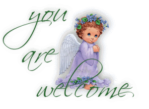 You are Welcome! This angel for you. New ecard. GIFSs image. Don't mention it! You're welcome card. Cute angel with blue flowers. Free Download 2022 greeting card