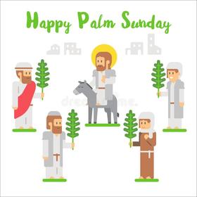 Happy palm sunday 2019... Ecard for parents... Happy palm sunday 2019... Interesting postcard with little men and Jesus on a white background... Free Download 2025 greeting card