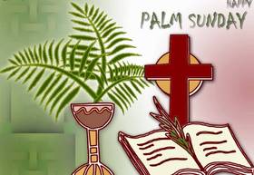 Happy palm sunday 2019... Ecard for you... Happy palm sunday 2019... An unusual background on which is depicted a beautiful wine glass, a Bible, a cross and twigs... Free Download 2024 greeting card