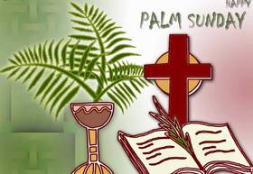 Happy palm sunday 2019... Ecard for you... Happy palm sunday 2019... An unusual background on which is depicted a beautiful wine glass, a Bible, a cross and twigs... Free Download 2025 greeting card