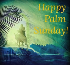 Happy palm sunday 2019... New card... A beautiful blue color... A man on a horse... Palm branches... Free Download 2025 greeting card