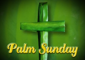 Happy palm sunday 2019... Card for them... Postcard... Green background... Green cross... Yellow inscription... Free Download 2024 greeting card
