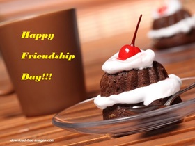 Have some tea with your friend! It's Frienship Day Cake with a cherry, cup of tea, cup of coffee Free Download 2024 greeting card