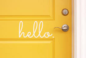 Hello, friend! You are welcome! New ecard. Original card for a friend for free. Bright yellow door. Hello, dear friend. Welcome! I'm glad to see you! Free Download 2025 greeting card