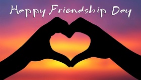 Lovely Friendship Day e-card Heart. Sunset. Hands. Shadows. Sea Free Download 2024 greeting card