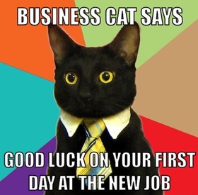 Lucky black cat! Business cat says good luck! Business cat says good luck on your first day at the new job! New ecard! Free Download 2023 greeting card