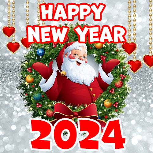 A festive ecard with a silver background and Santa Claus. Ecard with New Year