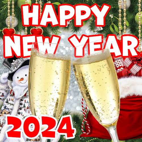 New Year wishes for 2024 and a New Year ecard featuring images of champagne glasses.