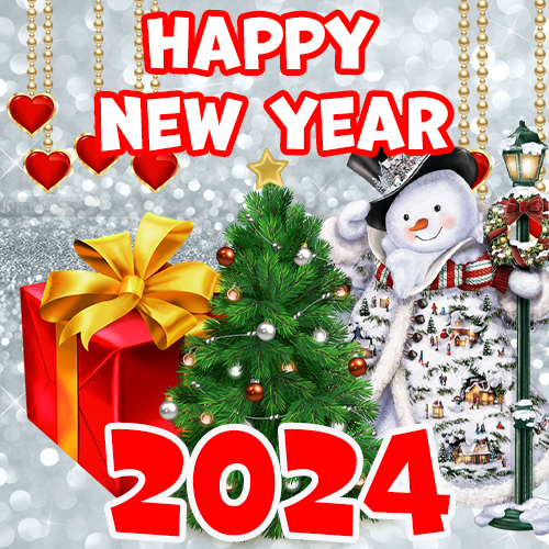 New Year ecard featuring an image of a snowman, Christmas tree, and a large gift box. Wishing you a Happy New Year 2024.